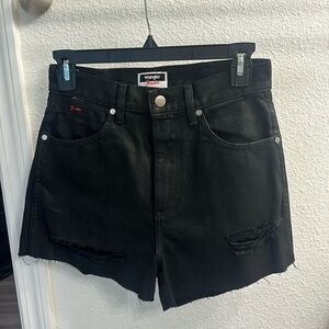 NWOT Wrangler x Fender High Rise Festival waxed black denim shorts size 26